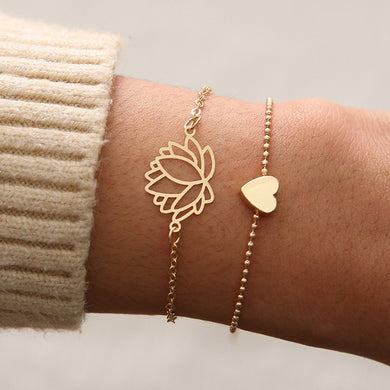 SLZBCY 2pcs/set Simple Heart Lotus Flower Charm Bracelets Gold Color Chain Bracelet For Women Girl 2019 New Fashion Jewelry